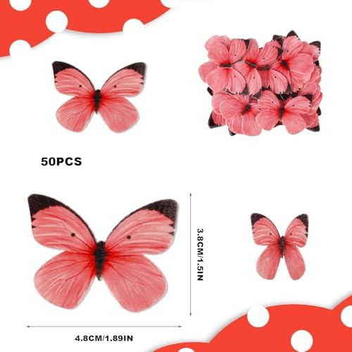 Edible Butterfly Cake Decorations - Edible Butterflies Set of 50Pcs for Cake Decorating, Edible Wafer Paper Butterflies Cupcake Toppers for Wedding Anniversary Birthday Party Decorating (Red)