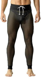 QiaTi Men's Fishnet Pants Mesh See Through Muscle Leggings Stretchy Drawstring Long Pants