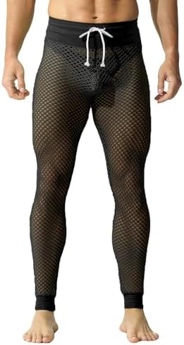 QiaTi Men's Fishnet Pants Mesh See Through Muscle Leggings Stretchy Drawstring Long Pants