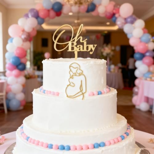 2 PCS Pregnant Lady Cake Topper Decoration Acrylic Pregnancy Oh Baby Cake Topper Gold Baby Shower Birthday Cake Decoration Mother's Day Party Supplies, A-PL03