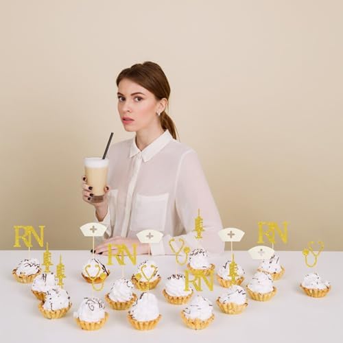 Kimini-Ki RN Cupcake Toppers, 24Pcs Nursing Cupcake Toppers, Medical Themed Assistant Symbol Cupcake Picks, Congrats RN Nurse Themed Graduation Party Decorations