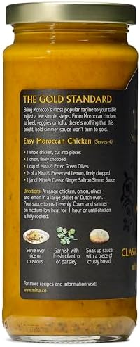 Mina Tagine Moroccan Chicken Simmer Sauce, 12 oz - Classic Ginger Saffron Made with Turmeric, Lemon & Olive Oil, Tagine Seasoning, Chicken Sauce, Garlic Sauce, Moroccan Spices