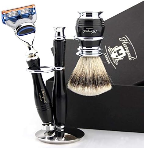Haryali London Mens Shaving Kit 5 Edge Safety Razor With Silver Tip Badger Hair Shaving Brush and Stand Perfect Set For Men