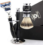 Haryali London Mens Shaving Kit 5 Edge Safety Razor With Silver Tip Badger Hair Shaving Brush and Stand Perfect Set For Men