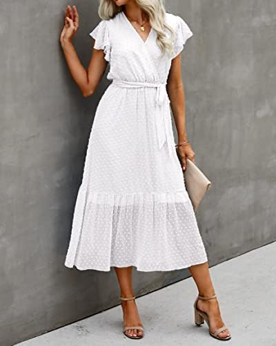 BTFBM Women Summer Bohemian Floral Casual Wrap V Neck Ruffle Cap Sleeveless Belt A-Line Pleated Hem Midi Sun Dress White