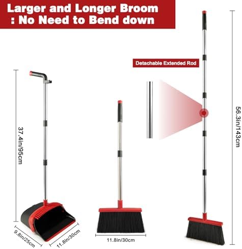 Broom and Dustpan Set for Home, Broom with Dustpan Cleaning Teeth Combo Set, Indoor Sweep Broom with Long Handle for Office Home Kitchen Lobby Floor (Black Red)