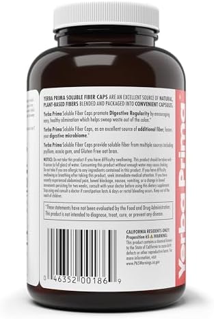 Yerba Prima Soluble Fiber Formula Capsules, 180 Count - Premium Dietary Fiber Supplement, Natural, Concentrated Soluble Fiber, Gluten Free, Non-GMO, Made in USA