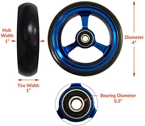 RIANTWHEEL, 4 X 1.0 inch, Solid, PU Wheels, Wheelchair Casters, Aluminum Rim, one Pair (Blue)