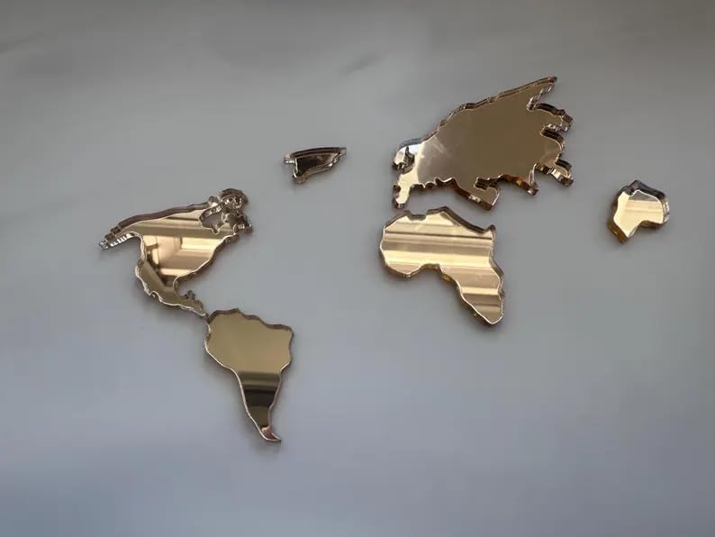 World Map Cake Topper Charm - Golden Acrylic Travel Theme Cake - World Map Cake Decor for Travel Theme, Gap year, Honeymoon - Continents Cake Decoration