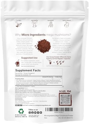 Micro Ingredients Organic Mushroom 10-in-1 Blend, 5 oz | Chaga, Lion’s Mane, Cordyceps & More | Great for Smoothies & Daily Use | Non-GMO, Vegan Friendly