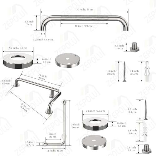 Polished Chrome L-Shaped Grab Bar 12x24 Inch + Knurled Shower Grab Rail 20 Inch, Zepolu Stainless Steel Toilet Safety Bar 90 Degree, Angled Balance Support Assist Bar, Bathroom Mobility Aid Handrail