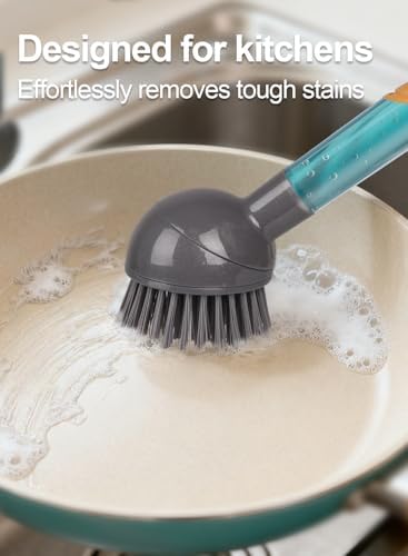 Soap Dispensing Dish Brush Storage Set with 360° Rotating Head, Kitchen Brush with 2 PCS Different Brush Heads & 3 PCS Sponges, Dish Brush Set with Handle for Dishes, Sink, Pans, Pots.