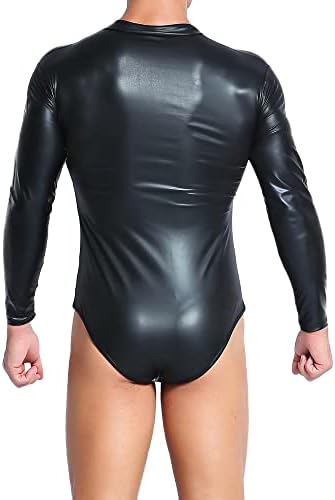 Mens Faux Leather Shapewear Slim Black Bodysuit Wrestling Singlet Clubwear Leotard