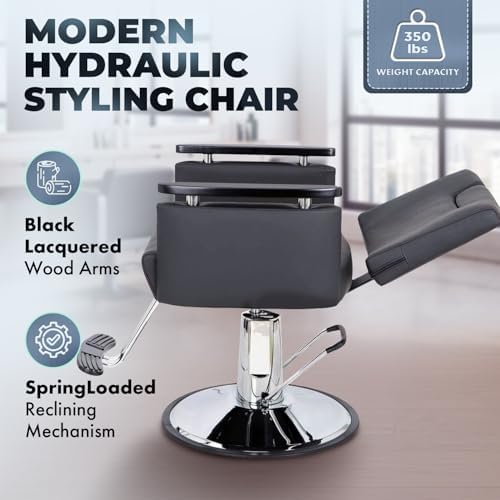 Buy-Rite Carlton Reclining All-Purpose Salon Chair, Professional Hydraulic Styling Chair for Hair, Barber, Shampoo, Threading, Waxing, Adjustable Headrest, 550 lb Lift, Black, YLG-166