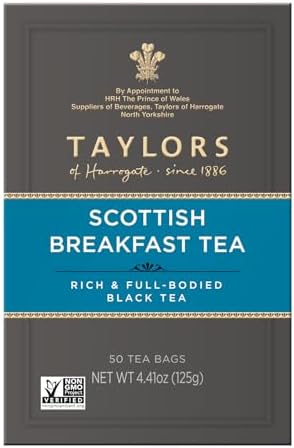 Taylors of Harrogate Scottish Breakfast, Black Tea, Pillow Tea Bags, 50 Count (Pack of 6), Strong, Malty and Full, Caffeinated, Enjoy Hot or Iced, 300 Teabags Total