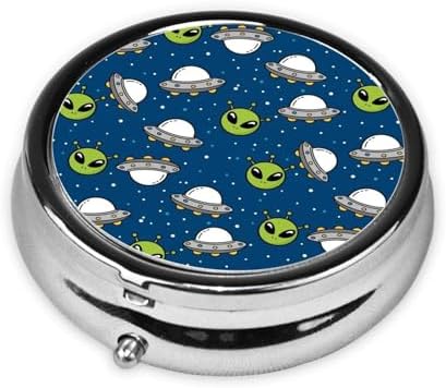 Purse Pill Organizer, Space Alien and UFO Head Cute Round Box, Compact Case for Vitamins, Travel Dispenser Pocket Carry for Her