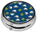 Purse Pill Organizer, Space Alien and UFO Head Cute Round Box, Compact Case for Vitamins, Travel Dispenser Pocket Carry for Her