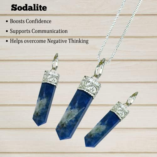 Amazing Gemstone Sodalite Crystal Pencil Point Pendant Necklace with Adjustable Cord - Natural Healing Crystals and Stones for Men, Women