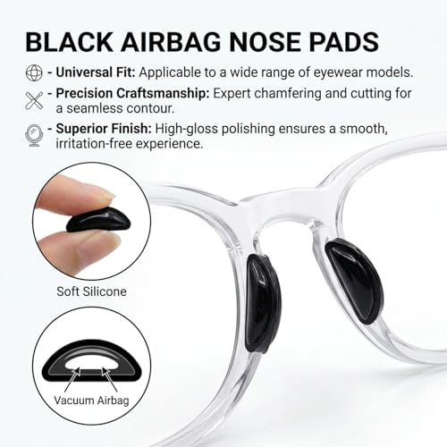 30 Pairs Nose Pads for Glasses, Anti-Slip Silicone Eyeglass Nose Pads, 5mm Heightened Airbag Cushions, Comfortable D-Shaped Adhesive Replacement Nose Pad for Sunglasses, Black