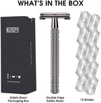 Double Edge Safety Razor with 10 Disposable Blades, Butterfly Open Head Features - Washable Reusable Metal Razor, Ergonomic Design Portable Shaving Kit for Beard Shape Up - Gloss Black