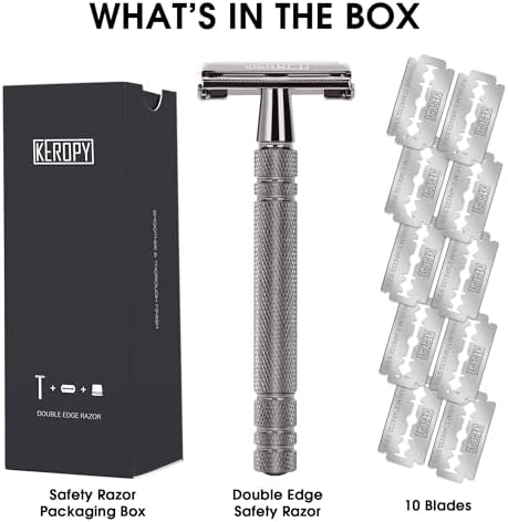 Double Edge Safety Razor with 10 Disposable Blades, Butterfly Open Head Features - Washable Reusable Metal Razor, Ergonomic Design Portable Shaving Kit for Beard Shape Up - Gloss Black