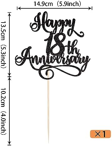 Rsstarxi 1 Pack Happy 18th Anniversary Cake Topper Glitter Cheers to 18 Years Wedding Anniversary Cake Pick Decorations for Happy 18th Birthday Wedding Anniversary Party Cake Decorations Black