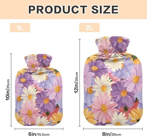 Pink Purple White Yellow Daisies Hot Water Bottle with Cute Cover 2L Winter Hot Water Bag Portable Hot Water Bottles for Neck, Shoulders and Legs Pain Relief, Menstrual Cramps
