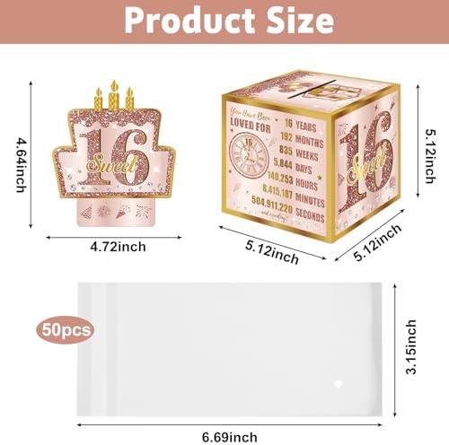 Turypaty Sweet 16th Birthday Pull-Out Money Gift Box for Girls - Pink Rose Gold Happy Sixteen 16th Birthday Party Cash Gift Box with Pull-Out Card - A Fun and Loving Way to Offer Cash Gift