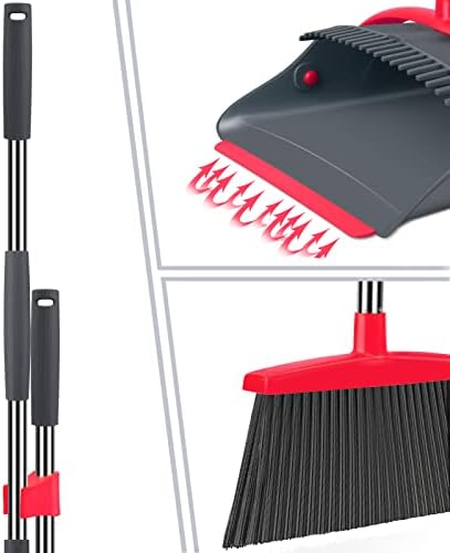 Ivandar Broom and Dustpan Set,Broom with Dustpan Combo Set Dust pan with Long Handle, for Home Kitchen Room Office Lobby Floor Use Upright Stand Up(Gray&Red)
