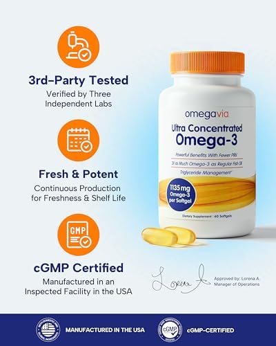OmegaVia Ultra Concentrated Omega 3 Fish Oil Burpless, 60 Softgels, Triple Strength Omega 3 Fish Oil Supplements, 1135 mg Pure Omega3, No Fishy Burps, High EPA DHA DPA, IFOS 5-Star