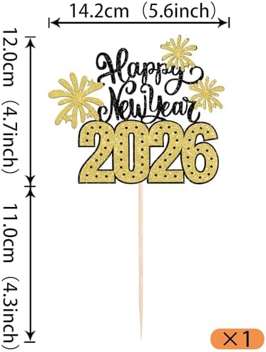 1 Pack 2026 Happy New Year Cake Topper Glitter Hello 2026 Fireworks Cake Pick Welcome 2026 Happy New Year's Eve Cake Decoration Party Supplies Gold