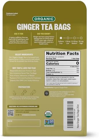 FGO Organic Ginger Tea, Caffeine Free, 100 Count, Eco-Conscious Tea Bags, Resealable Bag, Packaging May Vary (Pack of 1)