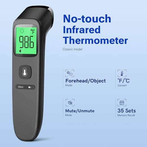 Forehead Thermometer for Adults and Kids, Fast Accurate Thermometer with Fever Alarm, 1S Reading & Silent Mode, Easy to Use for Baby, Kids & Elderly (Black)