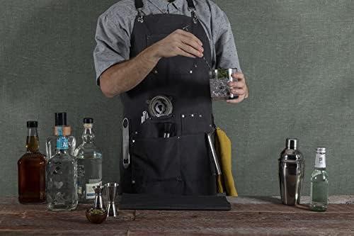 PICNIC TIME Collins Mixologist Apron Made in Black Waxed Canvas Vegan Leather with Corkscrew and Bottle Opener, Features Numerous Pockets and Folds to Easy-to-Carry Tote (Gray with Black Accents)