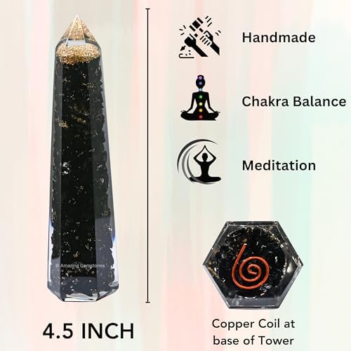 Amazing Gemstone Black Tourmaline Orgonite Orgone Crystal Towers - Large 4.5" Orgonite Crystal Wand Obelisk Tower Point for Meditation, Crystals and Healing Stones Gift and Protection