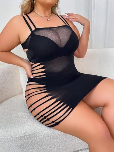 Sexy Lingerie for Women Naughty Plus Size Mesh Fishnet Strap Side Hollow Out Mini Dress Babydoll Chemise Swimsuit Cover Up