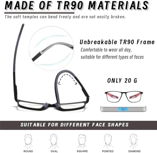 Hubeye TR90 Sports Reading Glasses for Men and Women Ultralight Flexible Anti-Blue Light Readers（Black+Red+Orange，+2.0）