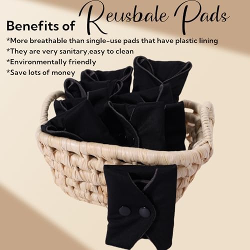 Black Snaps Soft Adjustable Snaps Cloth Reusable Menstrual Pads - Reusable Sanitary Pads | Reusable Panty Liners | -9 pcs Three Size Cloth Sanitary Pad with 1 Bag(3331纯黑)