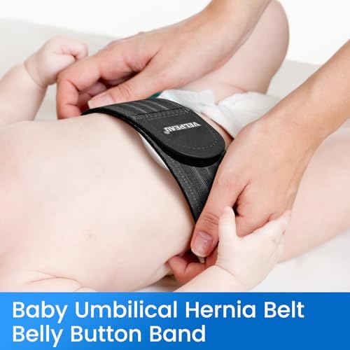 VELPEAU Umbilical Hernia Belt Baby Newborn -with 3 Different Shaped Compression Pads, Belly Button Navel Band Wrap Truss Abdominal Binder Support for Infant, Children, Toddler, Kids, Black One Size < 20"