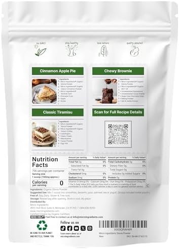 Micro Ingredients Pure Organic Stevia Powder, 4 Ounces, 706 Serving, Highest Grade Stevia Green Leaf Extract Reb-A, Reduced Bitter Aftertaste, 0 Calorie, Natural Sweetener, Sugar Alternative, Keto Friendly