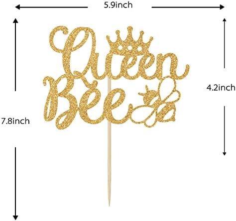 Gold Glitter Queen Bee Cake Topper - Mothers Birthday Cake Topper - Happy Bee Day, Bumble Bee Birthday Party Decorations