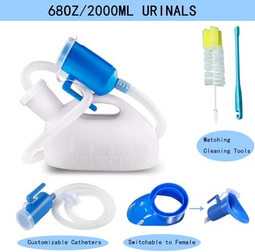 Urinal for Men, 2000ML Unisex Urinal Bottle Reusable Plastic Large Pee Bottle with Hose Screw Lid Clean Brush Thick Female Potty Container Jar for Car Home Toilet Travel Camping
