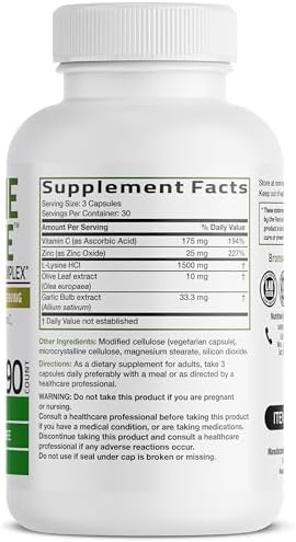 Bronson L-Lysine Defense Immune Support Complex 1500 MG L-Lysine Plus Olive Leaf, Garlic, Vitamin C and Zinc - Non-GMO, 90 Vegetarian Capsules