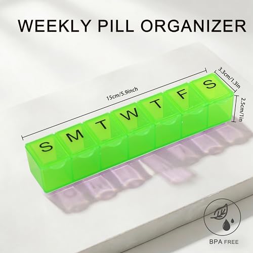Weekly 7-Day Pill Organizer with Braille, Portable Medicine and Vitamin Planner Storage Box with Medium Compartments,Easy to Use,for Supplements and Fish Oils, Travel Friendly,BPA Free