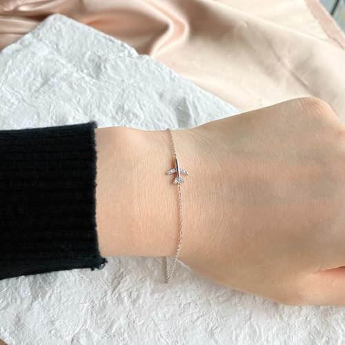 Kokoma Cubic Zirconia Airplane Bracelet for Women 925 Sterling Silver Fly Plane Delicate Bracelets Minimalist Adjustable Statement Stacking Chain Jewelry