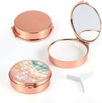 Dynippy Pill Case Pill Box with Mirror Pocket 3 Compartment Medicine Case Vitamin Pill Organizer for Pocket Purse and Travel (Round, Rose Gold-Marble Veins)