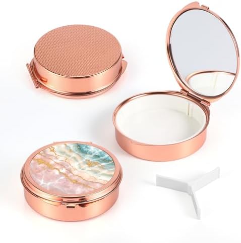 Dynippy Pill Case Pill Box with Mirror Pocket 3 Compartment Medicine Case Vitamin Pill Organizer for Pocket Purse and Travel (Round, Rose Gold-Marble Veins)