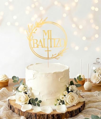 God Bless Baptism Cake Topper - Divine Celebration Elegant Cake Decor for Christening & Holy Communion, Keepsake Cross Design (Mi Bautizo Gold Mirror)