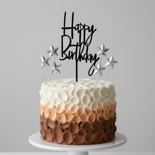 Happy Birthday Cake Topper Set of 10 PCS Black Acrylic Happy birthday Cake Topper 5 PCS Silvery Star Cupcake Toppers Decoration Supplies for Party Dessert Anniversary