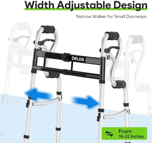 Delog Narrow Folding Walker for Seniors, 3 in 1 Folding Walker with 5” Front Wheels Width Adjustable Compact Standard Walker Support Up to 350lbs (Black)